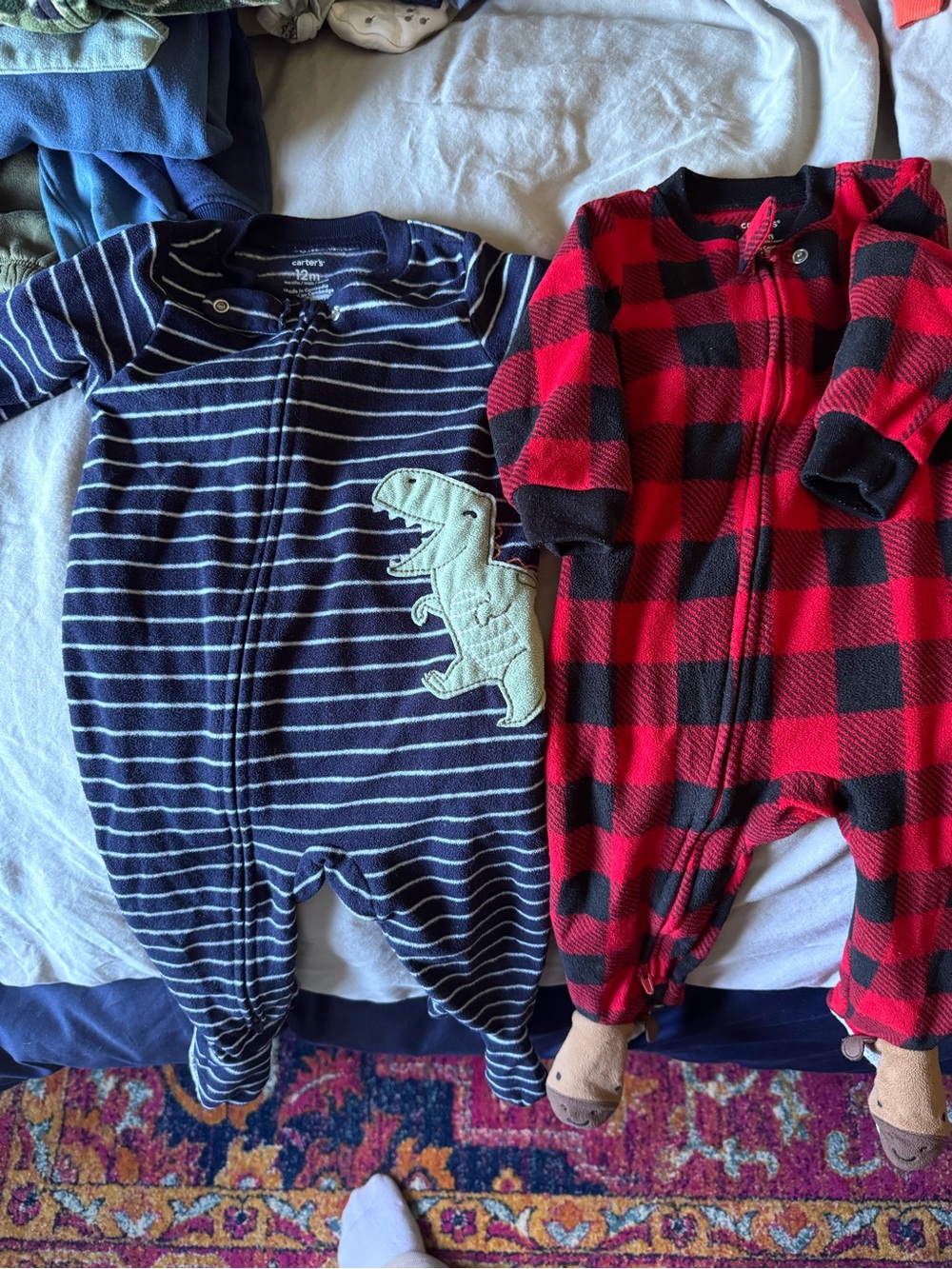 Carter's Navy Striped Dino & Red Buffalo Plaid Footed One-Piece Pajama Set